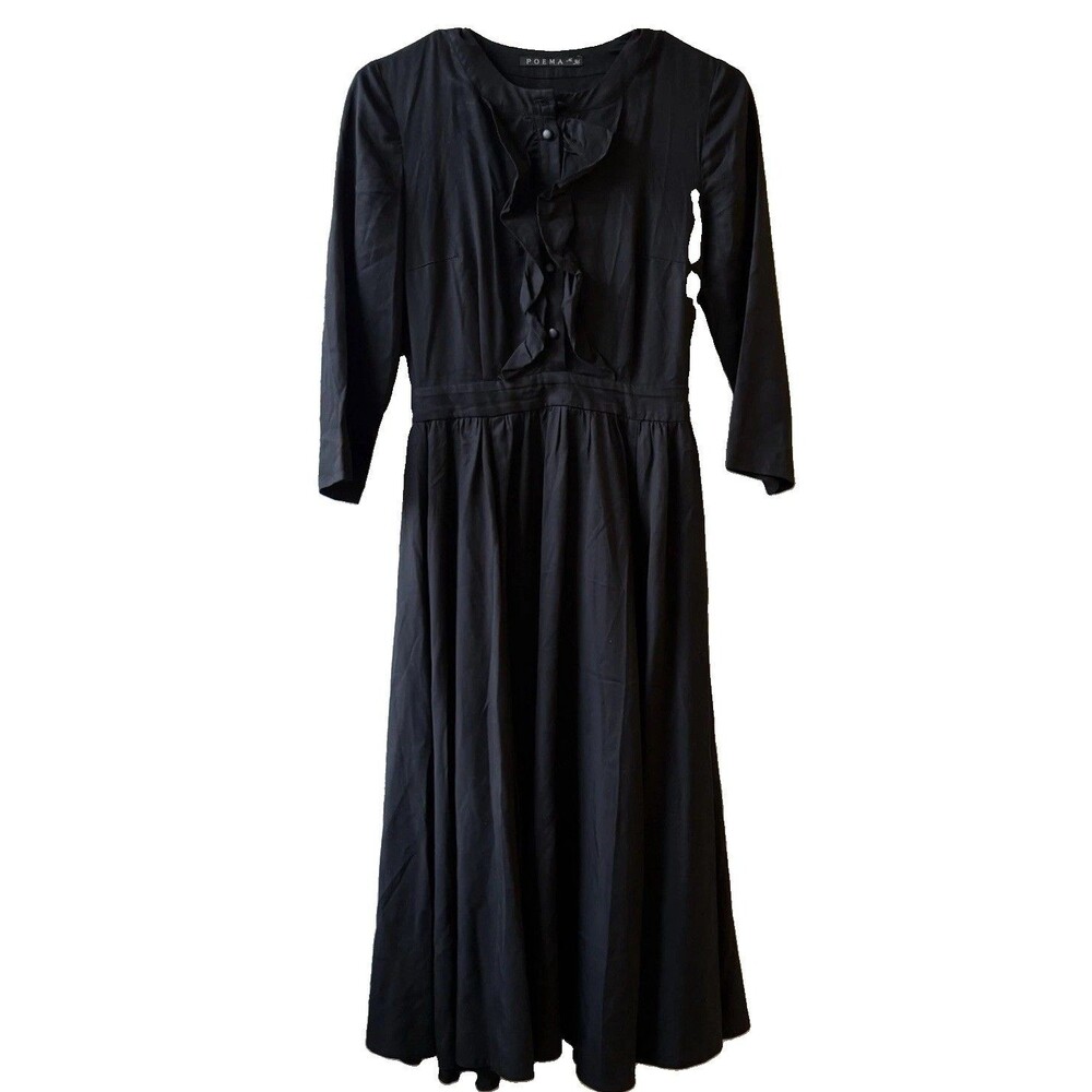POEMA Black Solid Fit & Flare Ruffle Button Tencel Long Dress 3/4 Sleeve 36